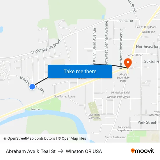 Abraham Ave & Teal St to Winston OR USA map