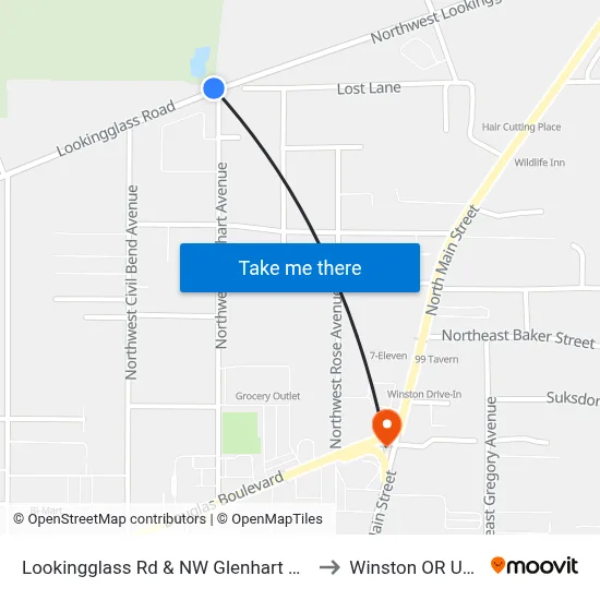 Lookingglass Rd & NW Glenhart Ave to Winston OR USA map
