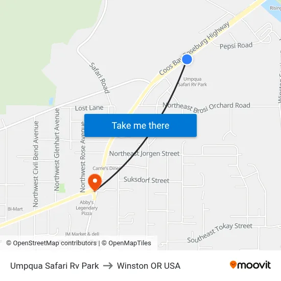Umpqua Safari Rv Park to Winston OR USA map
