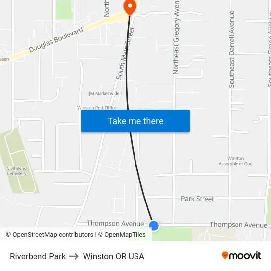 Riverbend Park to Winston OR USA map