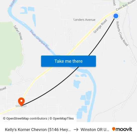 Kelly's Korner Chevron (5146 Hwy 99) to Winston OR USA map