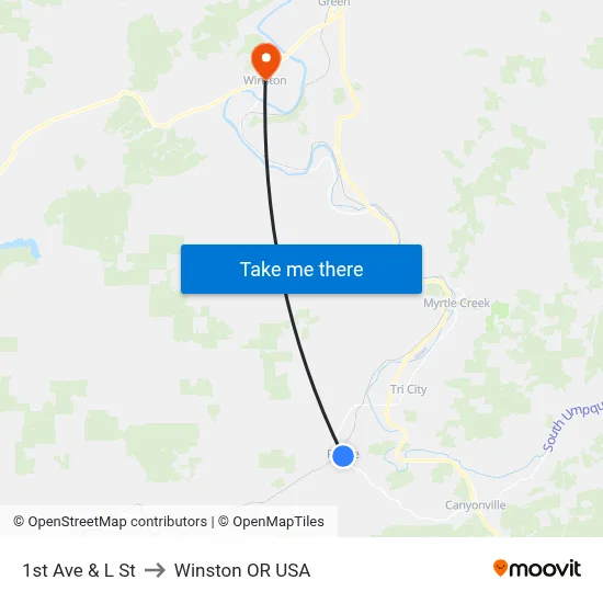 1st Ave & L St to Winston OR USA map