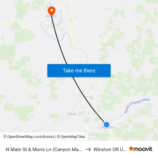 N Main St & Moris Ln (Canyon Market) to Winston OR USA map