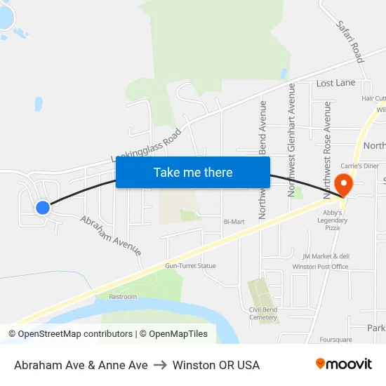 Abraham Ave & Anne Ave to Winston OR USA map