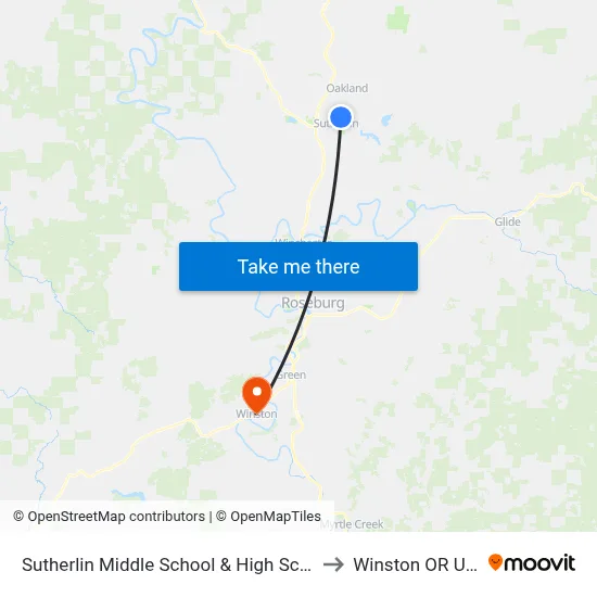 Sutherlin Middle School & High School to Winston OR USA map