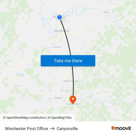 Winchester Post Office to Canyonville map