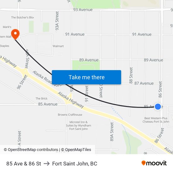 85 Ave & 86 St to Fort Saint John, BC map