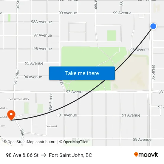 98 Ave & 86 St to Fort Saint John, BC map