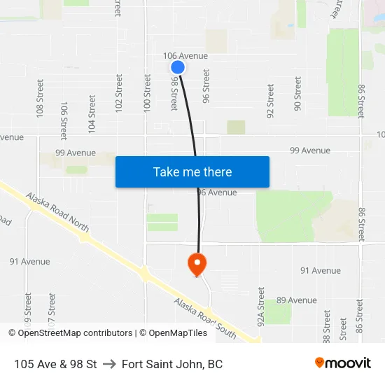 105 Ave & 98 St to Fort Saint John, BC map