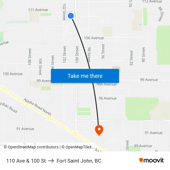 110 Ave & 100 St to Fort Saint John, BC map
