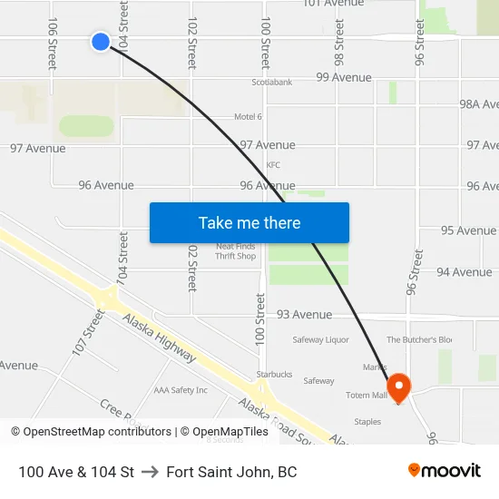 100 Ave & 104 St to Fort Saint John, BC map