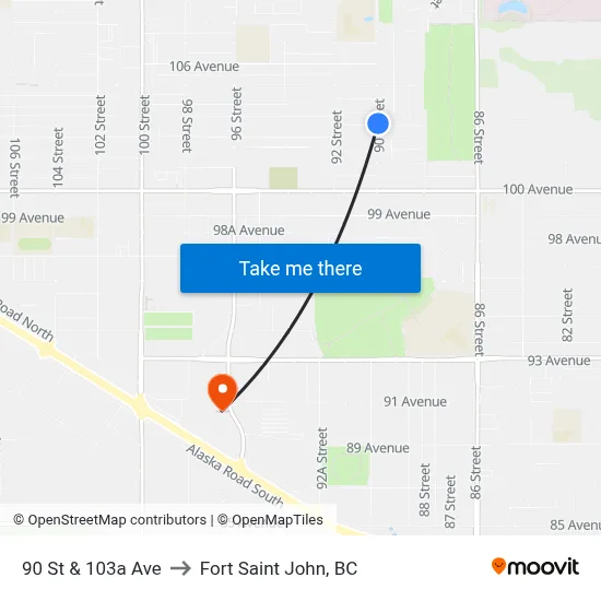 90 St & 103a Ave to Fort Saint John, BC map