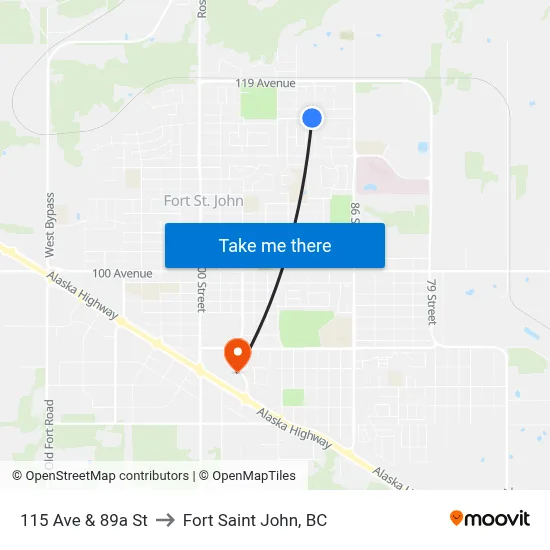 115 Ave & 89a St to Fort Saint John, BC map