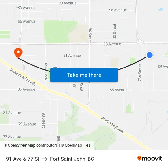 91 Ave & 77 St to Fort Saint John, BC map
