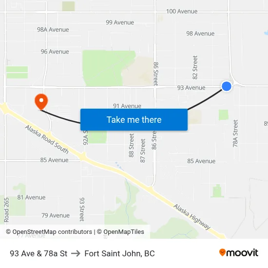 93 Ave & 78a St to Fort Saint John, BC map