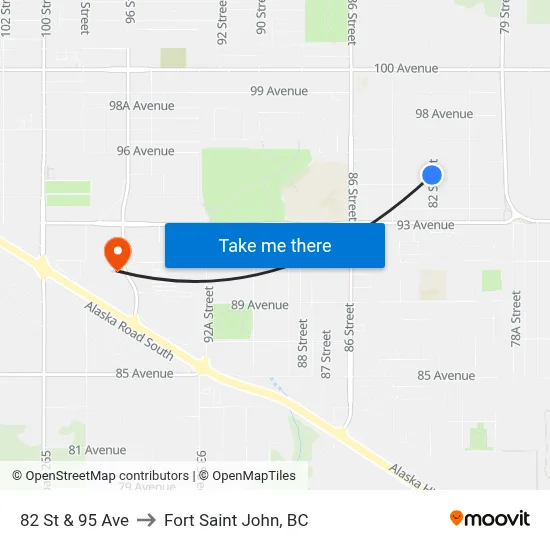82 St & 95 Ave to Fort Saint John, BC map