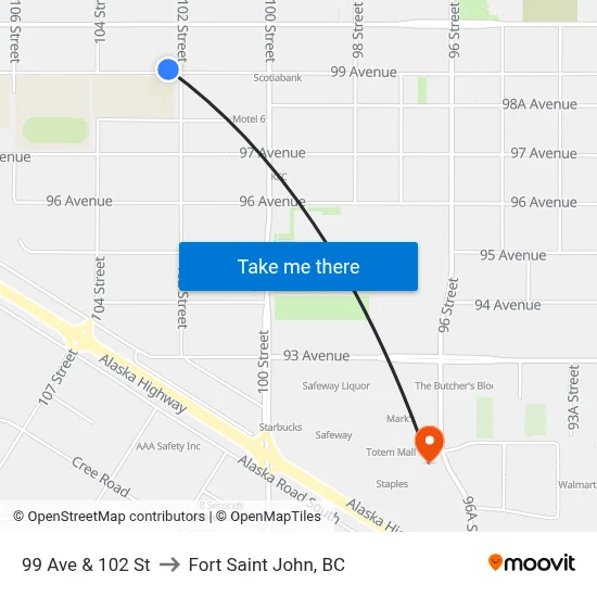 99 Ave & 102 St to Fort Saint John, BC map