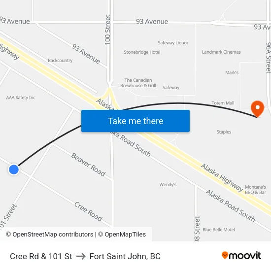 Cree Rd & 101 St to Fort Saint John, BC map