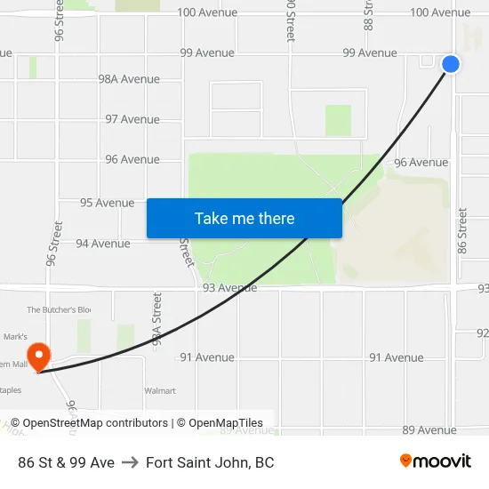 86 St & 99 Ave to Fort Saint John, BC map