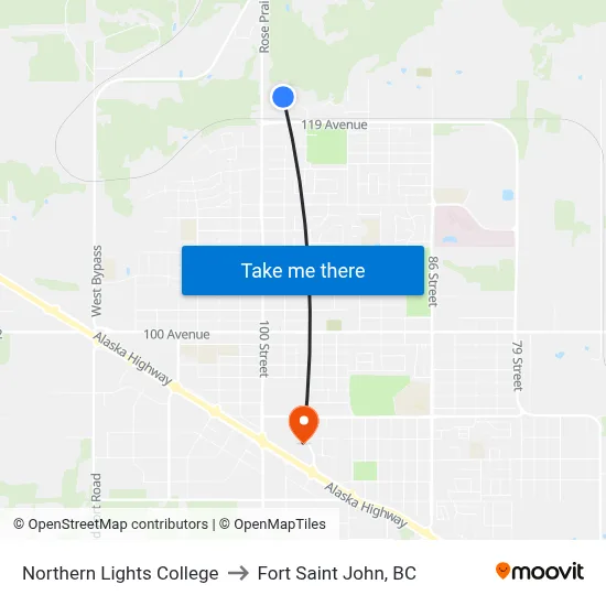 Northern Lights College to Fort Saint John, BC map