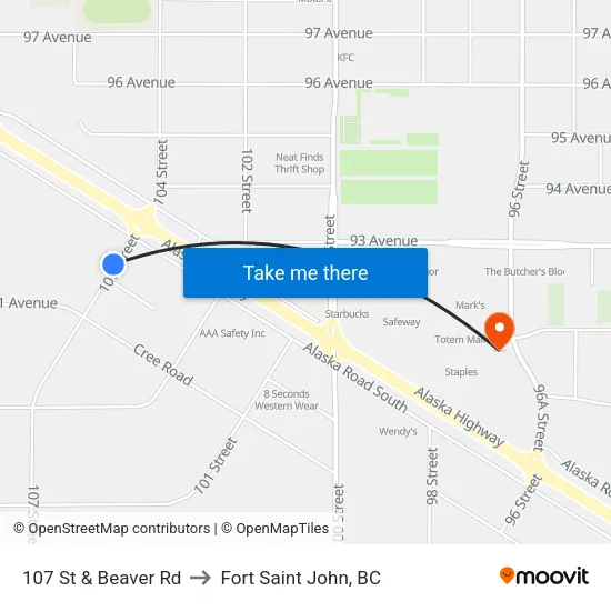 107 St & Beaver Rd to Fort Saint John, BC map