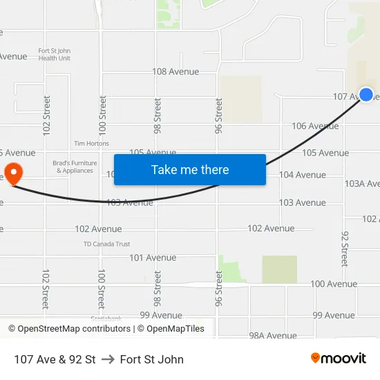 107 Ave & 92 St to Fort St John map
