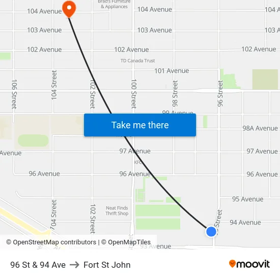 96 St & 94 Ave to Fort St John map