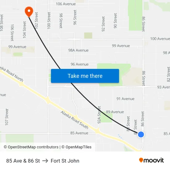 85 Ave & 86 St to Fort St John map