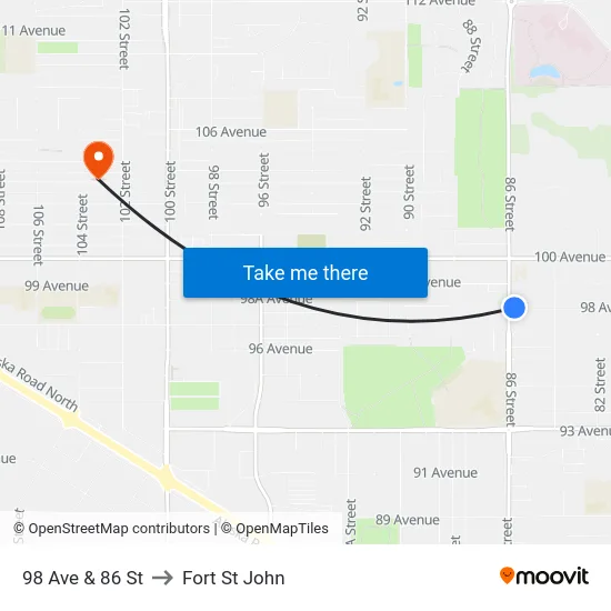 98 Ave & 86 St to Fort St John map