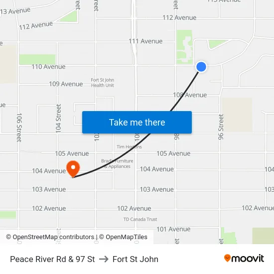 Peace River Rd & 97 St to Fort St John map