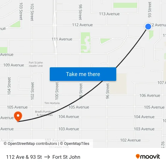 112 Ave & 93 St to Fort St John map