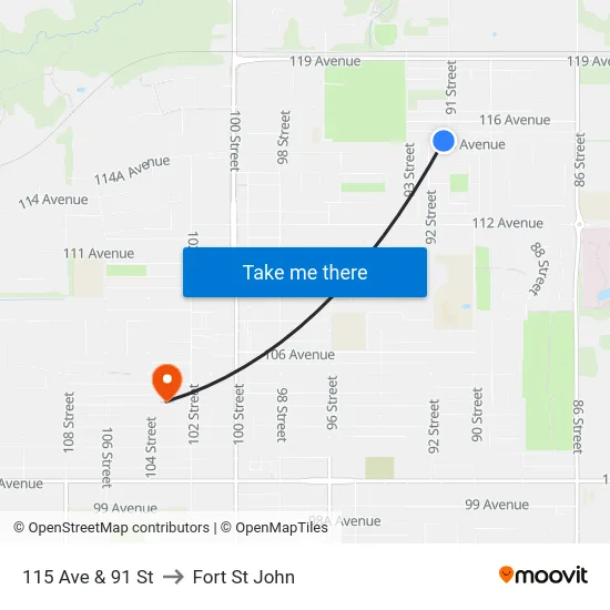 115 Ave & 91 St to Fort St John map