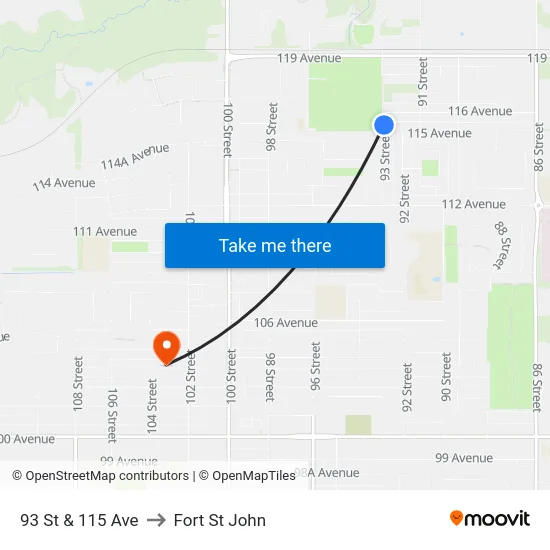 93 St & 115 Ave to Fort St John map