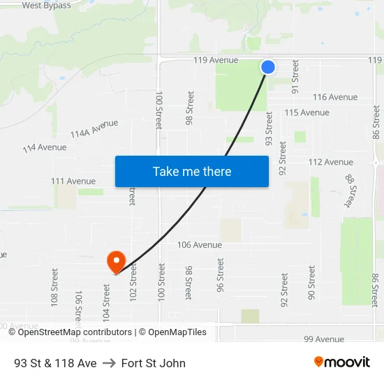 93 St & 118 Ave to Fort St John map
