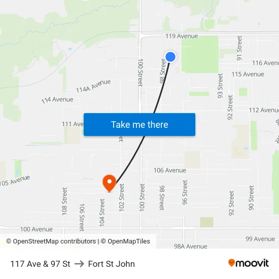 117 Ave & 97 St to Fort St John map