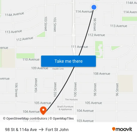98 St & 114a Ave to Fort St John map