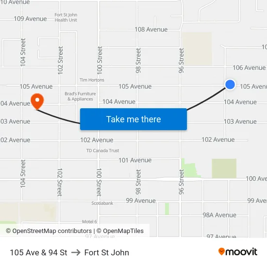 105 Ave & 94 St to Fort St John map