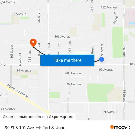 90 St & 101 Ave to Fort St John map