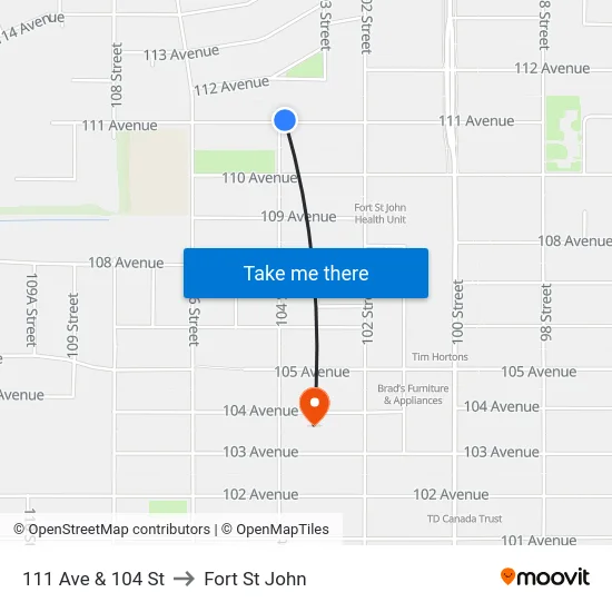 111 Ave & 104 St to Fort St John map