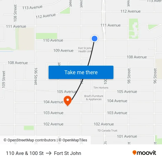 110 Ave & 100 St to Fort St John map