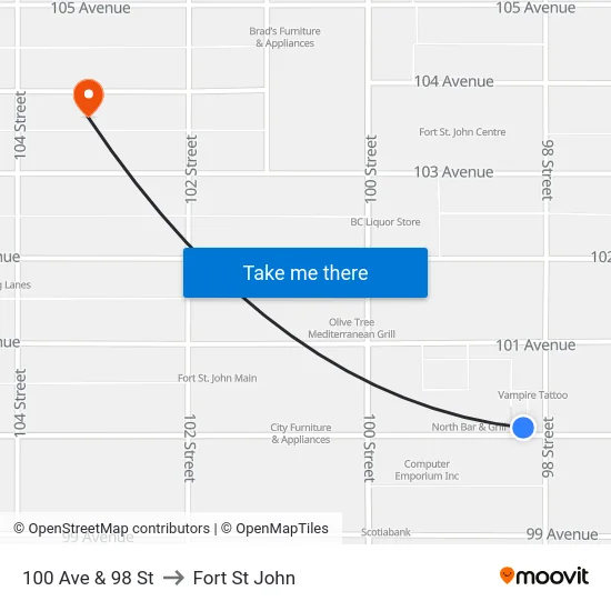 100 Ave & 98 St to Fort St John map