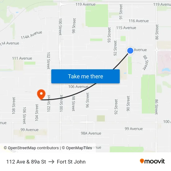 112 Ave & 89a St to Fort St John map