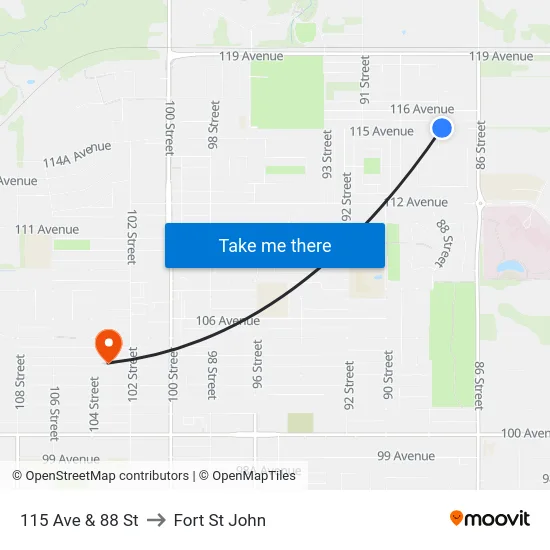 115 Ave & 88 St to Fort St John map