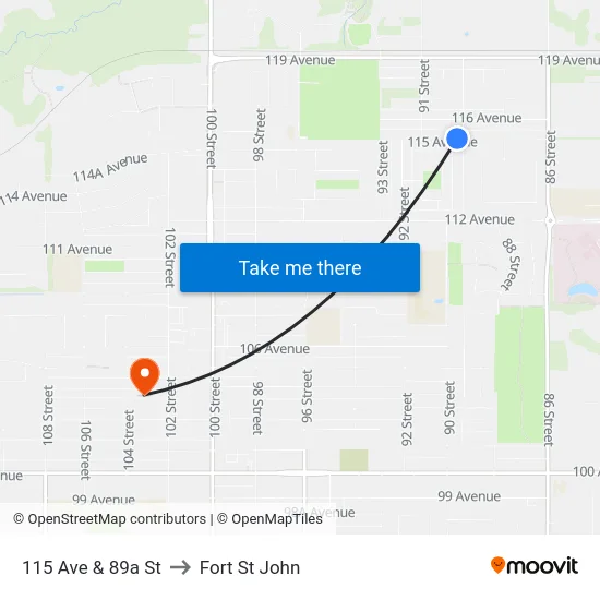 115 Ave & 89a St to Fort St John map