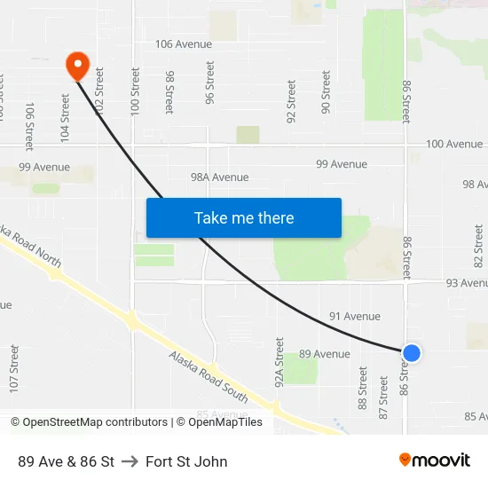 89 Ave & 86 St to Fort St John map