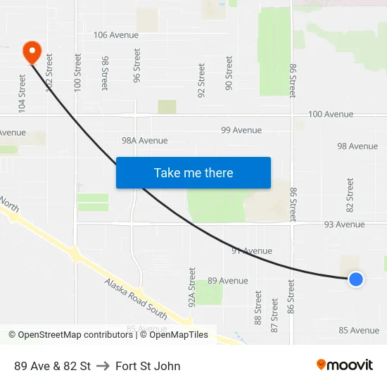 89 Ave & 82 St to Fort St John map