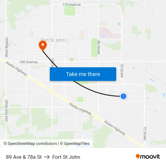 89 Ave & 78a St to Fort St John map