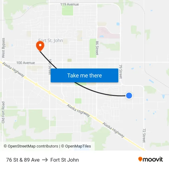 76 St & 89 Ave to Fort St John map