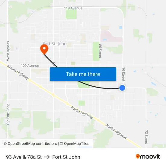 93 Ave & 78a St to Fort St John map