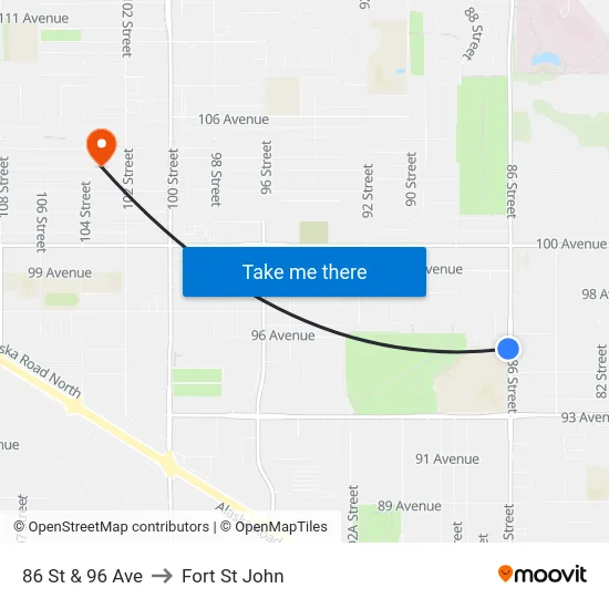 86 St & 96 Ave to Fort St John map